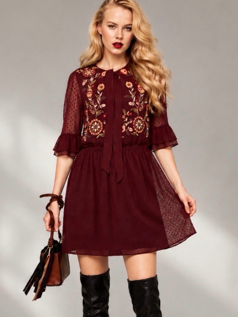 ZARA Burgundy Floral Embroidered Chiffon Boho Mini Dress Size M